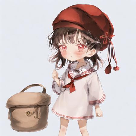 <lora:uminonaka:1>, 

1girl, beret, blush, dress, eyebrows visible through hair, hat, highres, looking at viewer, medium hair, neckerchief, open mouth, red eyes, redhead, sailor collar, sailor dress, sailor hat, school uniform, serafuku, short dress, simple background, solo, towel, twitter username, white background