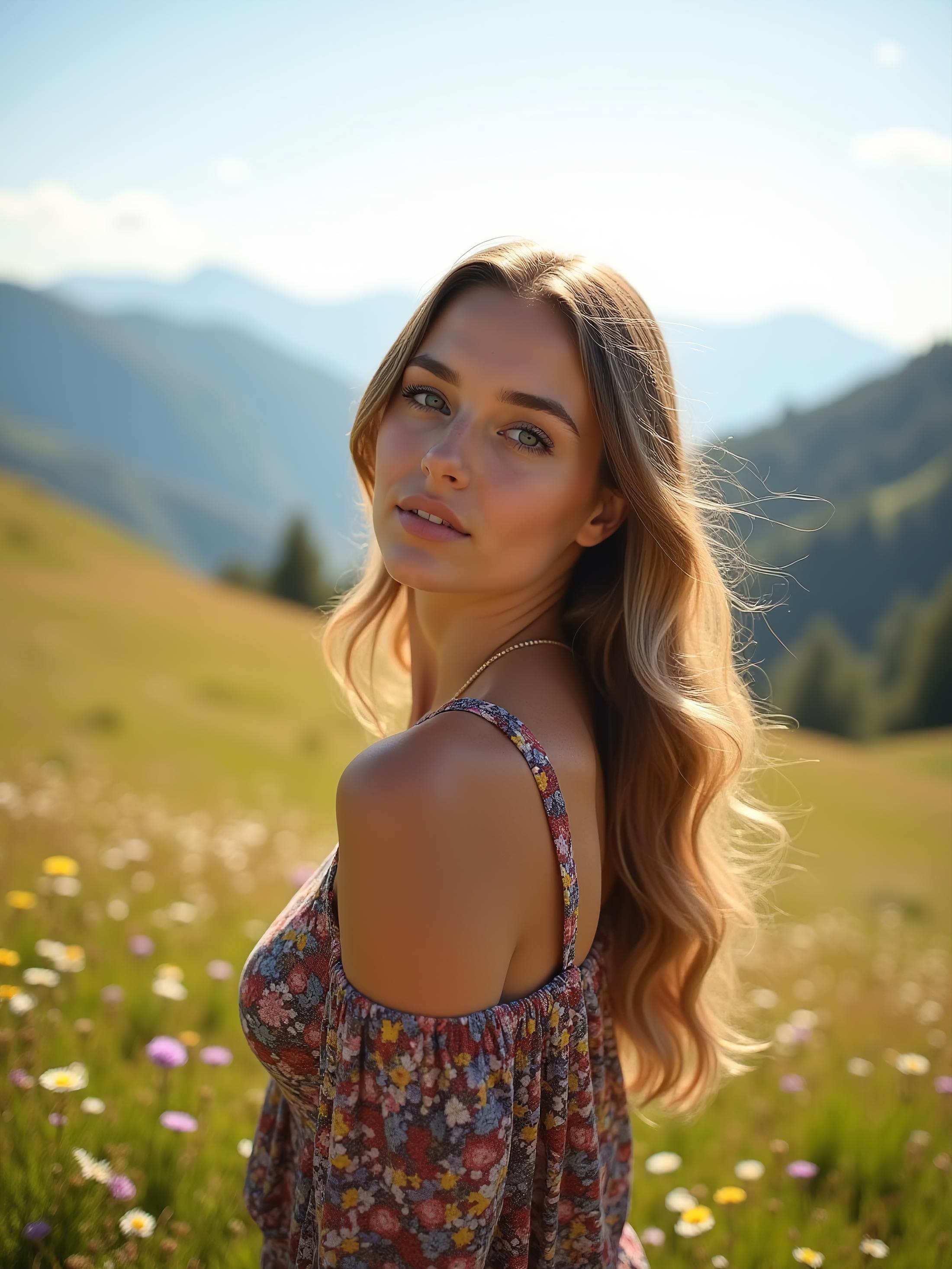 a beautiful scandinavian girl posing in the mountains, the sun is shining, the grass is green and flowers are everywhere, she is wearing a patterned colorful top that shows sideboob