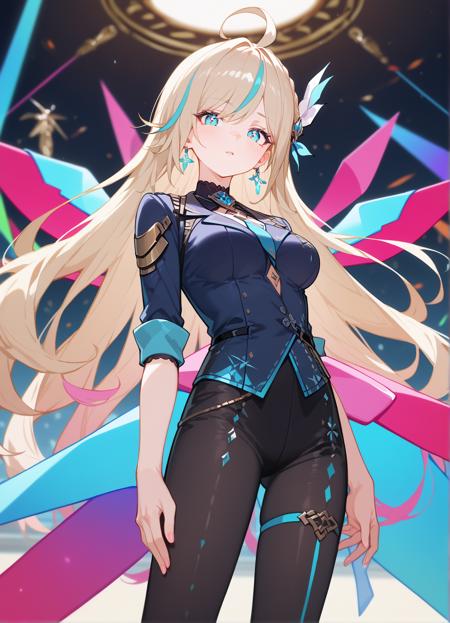 loslyn,blue eyes,pink pupil,long hair,almost blonde hair,bangs,ahoge,multicolored hair,streaked hair,eyeshadow,black bra,lace-trimmed bra,lace,black gloves,collared shirt,black skirt,pencil skirt,black pantyhose,open clothes,see-through shirt,sleeves rolled up,hair ornament,necklace,black choker,cross earrings,jewelry,