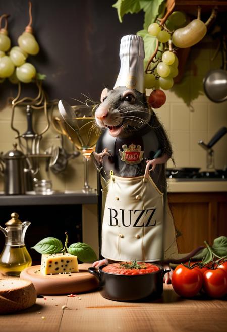 (a cook chef rat like AS  Ratatouille:1.3) STAY AT KITTCHEN TABLE WITH CHEESE AND VINE,  detailed Luxury style life background, close-up shot,  high budgeted Advertising poster of high quality and detail, text "Need buzz".
