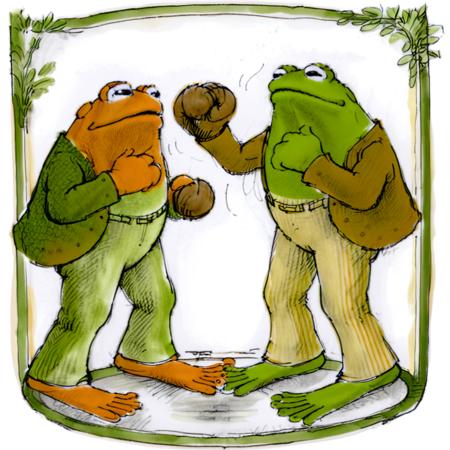 ALobelStyle illustration, frog and toad, boxing ring, fisticuffs <lora:ALobelStyle:1>