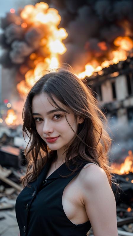 <lora:Dasha-000006:0.85> (beautiful dasha_taran face with symmetrical equal brown eyes), woman perfect face, detailed face, smile, detailed eyes, cute, 18 years old, young girl, looking at viewer, facing straight, a woman walked out of the fire, city on fire with debris, extreme fire and smoke object background, focus on eyes, cinematic scene, blurry background, massive messy hair, wearing (black cia suit, black cotton gloves), wavy hair, strong wind with explosion dust,
