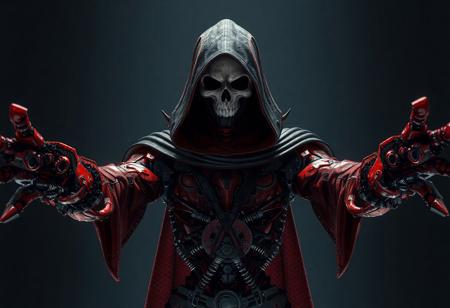 "A hyperdetailed 3D rendering of a mysterious and grimdark character, predominantly red with a black hood adorned with a skull, symbolizing danger and power. The character’s body is a complex assembly of mechanical parts, blending organic and synthetic elements, featuring a grid-like pattern for depth and complexity. The character’s arms are outstretched, with an intense gaze, creating a sense of anticipation and readiness. The dark Temple of the Mind’s Eye background accentuates the character, drawing focus. Rendered in Unreal Engine 5, with 8K resolution, lifelike details, sharp lines, and stunning, harmonious colors. The composition is impeccable, with captivating lighting, balanced editing, and a creative angle, trending on ArtStation, CGSociety, and ArtStationHQ. Inspired by the styles of Raphael, Houdini, and Grammer Effect, with vivid emotions and a powerful message. The character’s design showcases handcrafted precision and a sense of otherworldly menace, evoking a dark, high-stakes atmosphere. Grace Kelly’s colored pencil marks add a unique, intricate touch to the image, enhancing its visual appeal."