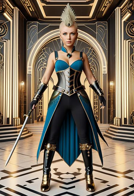 masterpiece, HQ, 8K, RetroBG
A full body shot of a Mid-aged blonde queen, blonde dreadlocks, blue eyes, dynamic pose, wearing a mohawk hairdo, wearing a peacock themed, steampunk low cut  costume armored bodice, with gold and silver details, standing tall, holding the grip of a spear in front of her, looking towards the viewer, 3d style, artistic castle background. , low cut armor, dynamic pose, - created online with img2go. The background is retro-futuristic elegance, with art deco interior, enhancing the eerie, supernatural atmosphere.