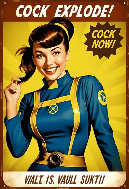 text "COCK EXPLODE NOW!", poster of a woman wearing fallout vault suit, vintage ad, long hair, brown hair, parted bangs, ponytail, smile, 1960s \(style\), <lora:falloutpostsdxl:0.8> falloutpostsdxl, (masterpiece), (best quality), (ultra-detailed), very aesthetic, illustration, perfect composition, intricate details, absurdres