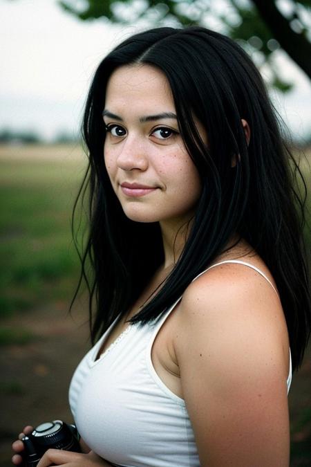 The image portrays a young woman with long, dark hair holding a vintage camera close to her face, partially obscuring one of her eyes. She gazes directly into the lens with an intense, thoughtful expression. The photograph has a distinct cinematic and nostalgic aesthetic, with soft lighting, a grainy texture, and subtle color grading that gives it a vintage, film-like quality.
Subject and Composition
The subject's face is positioned slightly off-center, drawing immediate attention to her sharp and expressive features. Her dark, well-defined eyebrows frame her deep-set eyes, which are slightly shadowed, adding to the introspective mood of the image. Her lips, which are slightly parted and tinted a natural red, contrast subtly with her smooth, pale skin. Strands of hair fall loosely across her face, reinforcing the unposed, organic nature of the portrait. side view,
The camera she holds is an older model, silver and black with a rounded lens, possibly a vintage point-and-shoot film camera. Its reflective surface catches some light, making it a noticeable focal point. Her fingers gently rest on the camera's body, showcasing her relaxed grip, suggesting familiarity and comfort with the device. The camera partially obscures her left eye, creating an artistic and symbolic interplay between the act of capturing an image and being observed.
