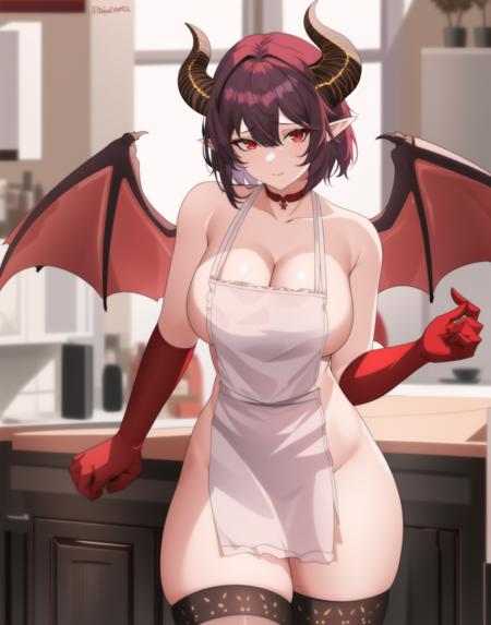 <lora:Grea:.7>, masterpiece, best quality, high quality, 1girl, dragon girl, horns, dragon horns, red eyes, pointy ears, large breasts, wings, dragon wings, tail, dragon tail, thigh highs,  dark purple hair, standing, dragon hand, short hair, bangs, school, indoors, kitchen, ((naked apron)), bare shoulders, collarbone, choker, thick thighs, thigh highs, red glove, hands behind head,