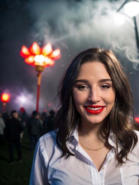 <lora:quiron_AbellaDanger_v1_lora:0.87> AbellaDangerQuiron, a happy woman, makeup, gloss light red lips,, festival party, lights, fireworks,  chinese festival, crowded, new year celebration ,  
east asian architecture,    paper lantern, realistic, , red (Chinese lanterns ) in background, fog,  fireworks and fog  far background, fire, lighting,   intricate detailed,, skin pores, perfect iris,  perfect eyes,  serious, portrait, linkedin, grey background,