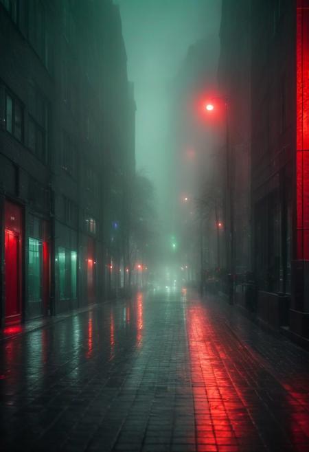 red theme, urban street, gray-green fog, black buildings, luminescence, bokeh, minimalist