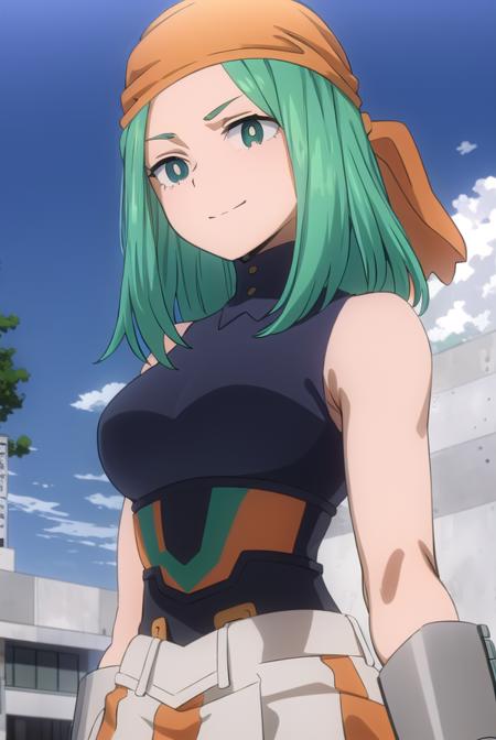 emifukukado, <lora:emi fukukado s3-lora-nochekaiser:1>,
emi fukukado, long hair, (green eyes:1.5), (bright pupils:1.5), green hair, smile,
BREAK skirt, shirt, gloves, bare shoulders, school uniform, white shirt, sleeveless, belt, bandana, orange gloves,
BREAK outdoors, city, sun, clouds, sky,
BREAK looking at viewer,
BREAK <lyco:GoodHands-beta2:1>, (masterpiece:1.2), best quality, high resolution, unity 8k wallpaper, (illustration:0.8), (beautiful detailed eyes:1.6), extremely detailed face, perfect lighting, extremely detailed CG, (perfect hands, perfect anatomy),