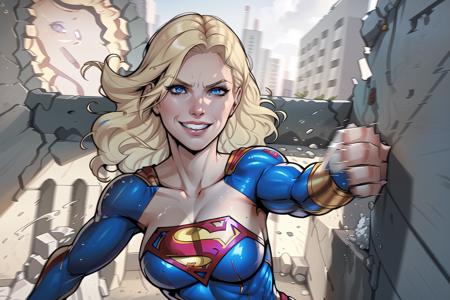 adult supergirl, blonde hair, pale blue eyes, bursting through a concrete wall, climbing looking through hole in wall wall towards camera, angry, [confident|evil] grin, punching, smeared makeup, detailed sexy body, foreshortening perspective, dynamic action shot, speed lines, blurred fast hands, comic book style, flat shaded