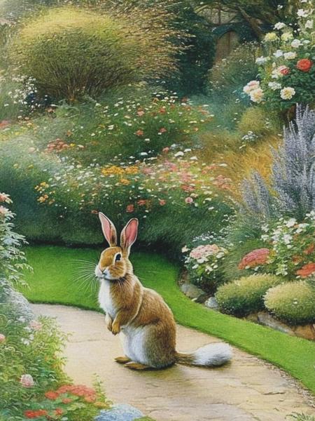 <lyco:RandolphCaldecott:1.0> a rabbit in an English tea garden, Beatrix Potter