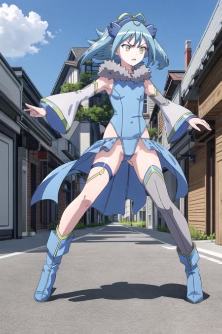 mrbl blue hair, yellow eyes, single thighhigh, detached sleeves, leotard, hair ribbon, asymmetrical legwear, twintails, boots, horizontal string around hips