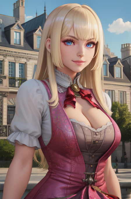 lily, blue eyes, blonde hair, long hair,  bangs,  
standing, upper body,   dress,  skirt, 
white gloves,  puffy short sleeves,  cleavage,  
light smile,  looking at viewer, 
morning, mansion, outdoors,  paris, 
(insanely detailed, beautiful detailed face,beautiful detailed eyes, masterpiece, best quality) 
<lora:LilyT8:0.7>