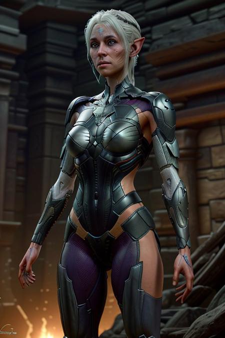 a (BG3 (Jaheira) android) elf with white hair BREAK
wearing revealing leather armor and long bow BREAK
inside a dark dungeon, in a group of adventurers, fighting Ilithid monsters BREAK
ultra realistic, lens flare, skin pores, intricate details, very detailed face