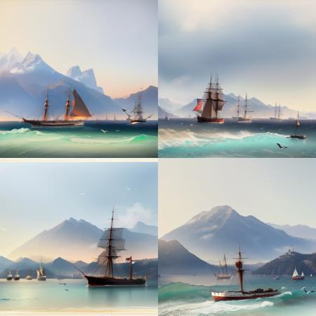 <lora:aivazay1-000020:1>,(aivaz:1.3), galeon, war ship, boat, mountains, birds, waves, mist,colored