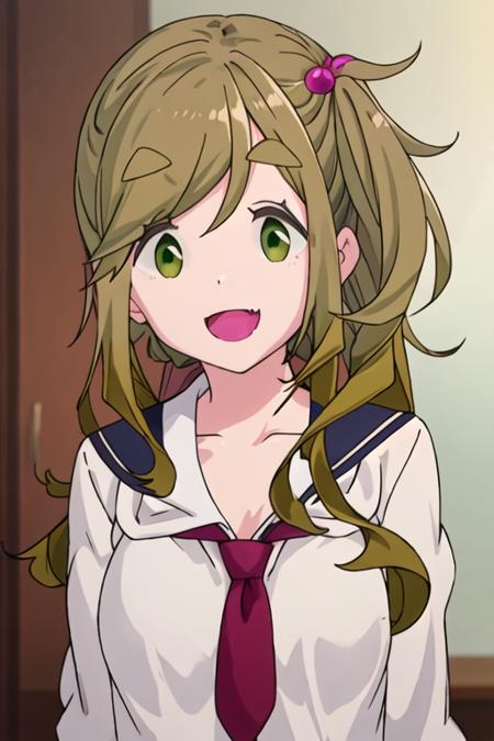 best quality, masterpiece, highres, solo, {inuyama_aoi_yurucamp:1.15}, thick_eyebrows, long_hair, fang, skin_fang, brown_hair, green_eyes, smile, closed_mouth, side_ponytail, hair_ornament, hair_bobbles, 1girl, open_mouth, shirt, white_shirt, :d