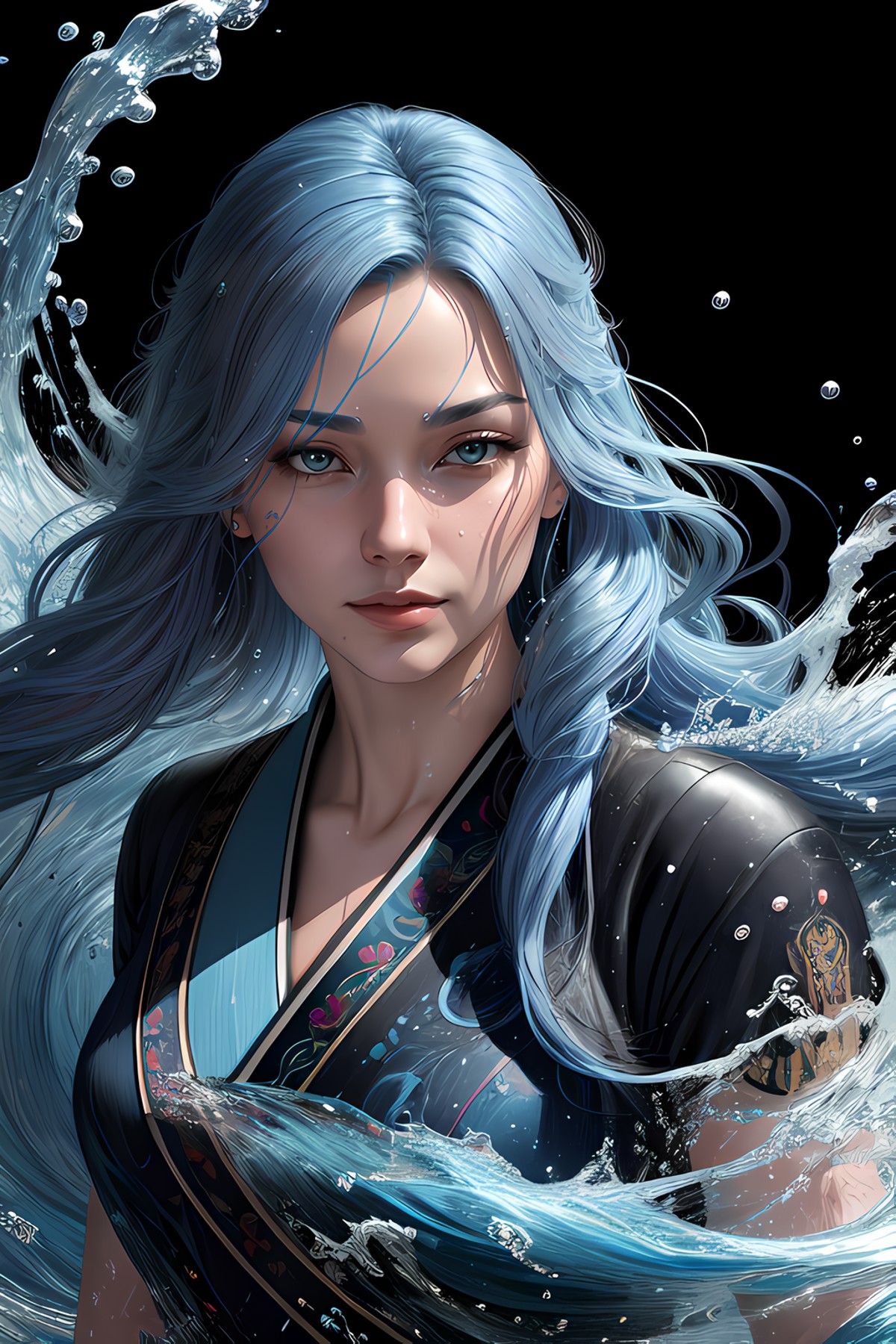 (comic poster), (colored line art:1.5), epic realistic, (close up), 1girl, floating blue_hair, long hair, (swirling water:...
