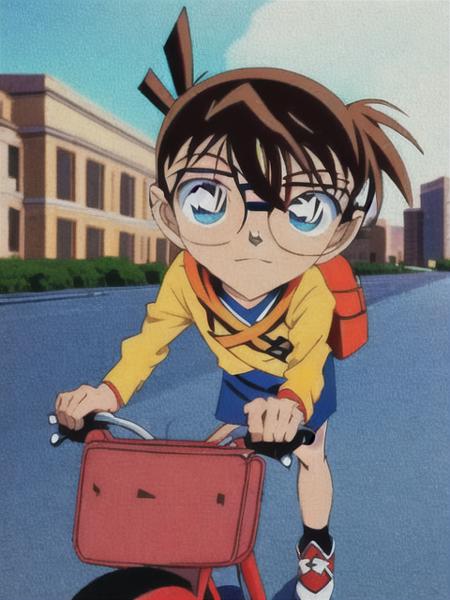 <conan>, glasses, 1boy, solo, male focus, blue eyes, brown hair, riding a bike, street, blue sky