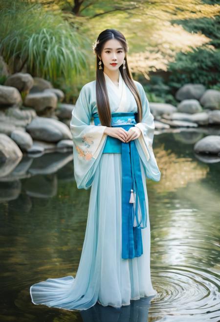 realistic ,RAW photo, half body, light modern Hanfu, long hair, girl stands by the water,stream, Japanese garden