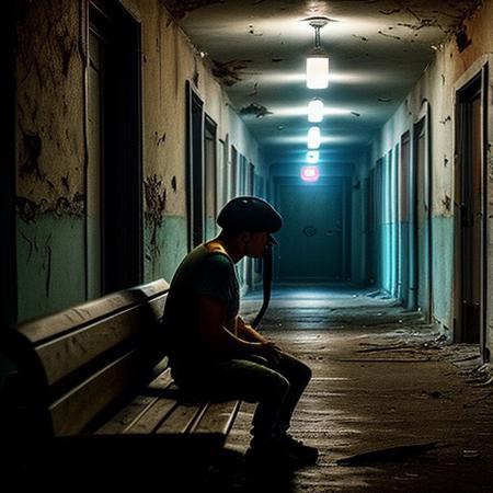 RAW photo, svo minion sitting on a bench at the end of hallway, looking at viewer, 8k uhd, dslr, soft lighting, high quality, film grain, Fujifilm XT3, Masterpiece, photorealistic, rotten abandoned hospital, looking down hall way,