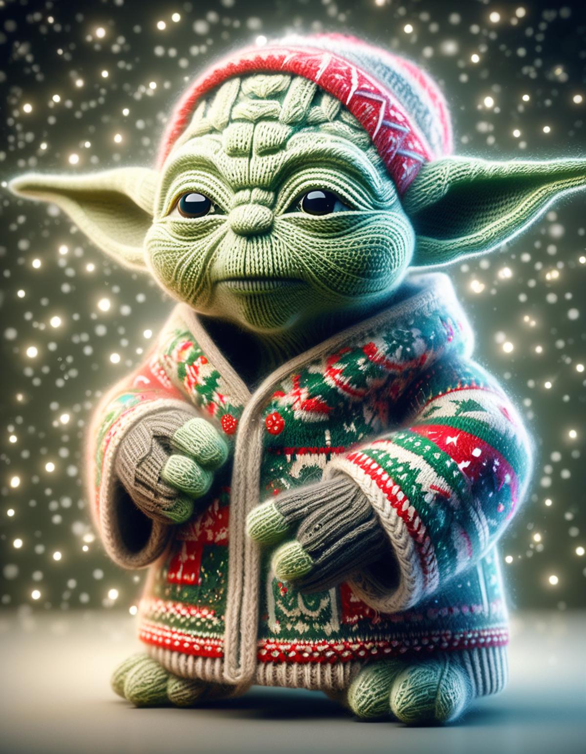 A Yoda Doll Wearing a Sweater and Hat