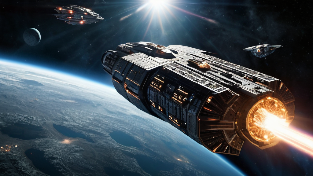 epic space ship, moving away, engine jets firing, scifi battle, asteroid belt, highly detailed spacecraft, battlestar galactica