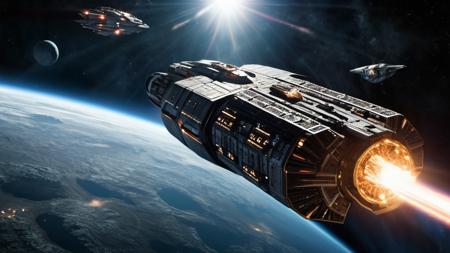 epic space ship, moving away, engine jets firing, scifi battle, asteroid belt, highly detailed spacecraft, battlestar galactica
