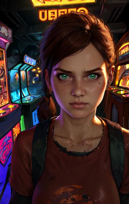 elliet2, green eyes,  brown hair, low ponytail, 
red shirt, dirty clothes,   long sleeves, 
upper body, standing,  serious,  
arcade room, neon lights, night, 
 looking at viewer, 
(insanely detailed, beautiful detailed face,beautiful detailed eyes, masterpiece, best quality), solo, 
 <lora:EllieT2:0.8>