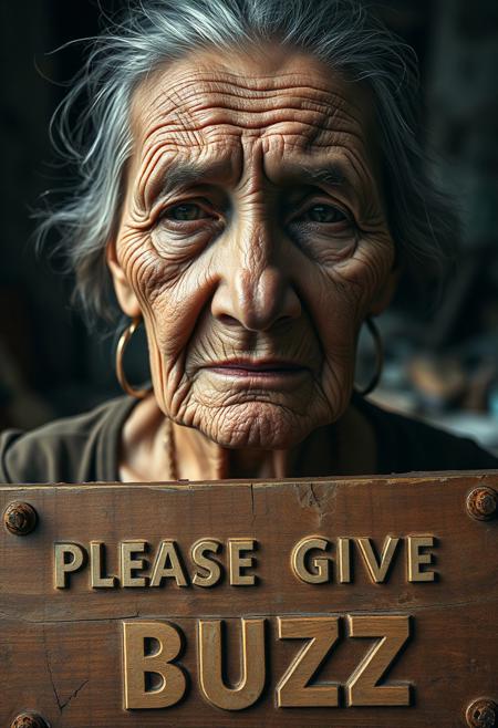 “An elderly woman with deeply wrinkled, weathered skin is captured in a close-up using a 50mm Panavision Prime lens, revealing every intricate detail of her face. Dramatic lighting casts heavy shadows, highlighting the sorrow and exhaustion etched into her features. Her eyes, full of suffering, speak to years of hardship. The background, softly blurred, suggests a decaying slum with crumbling walls and debris. At the lower part of the image, a cracked wooden panel with rusted nails holds bold, capital letters carved into the wood, reading ‘PLEASE GIVE ME BUZZ.’ The text, in a pastel color, blends with the wood grain, intensifying the gritty, distressed atmosphere, adding an ironic contrast to the somber mood.”
