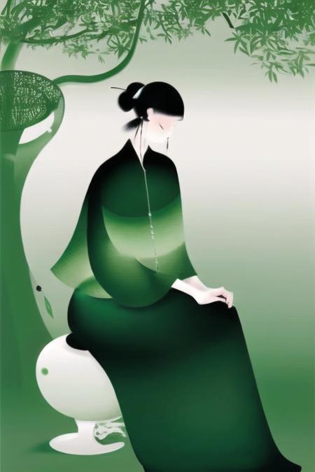 <lora:artyo:0.8>1 girl, sitting, back, solo, black hair, ,dress, single bun, earrings,holding, long sleeves,  Chiho Aoshima, super fine painting, cloisonné, green gradient, simple white background , stylish, modern