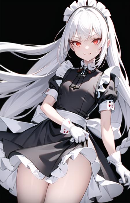 best quality, ultra detailed, 1girl, solo, standing, white hair, twin braids, red eyes,maid headdress,maid apron, bangs,white gloves, stare, smile, looking at viewer, (interview:1.3),  <lora:maid_v10:0.8>