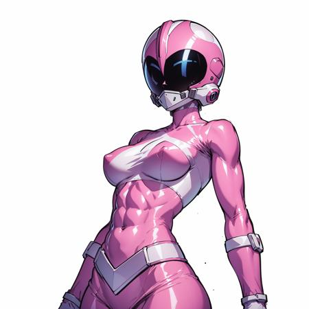 white background, standing, <lora:Pink_Ranger:.75> looking down on pink ranger, helmet, large breasts,, thin waist, tight abs, tight muscles,