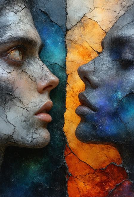 A tension-charged duo floats in a liquid-dim void, their torsos warped like Dali’s melting clocks, faces half-dissolved into Hilma af Klint’s geometric spirals. Extreme close-up from a skewed worm’s-eye view amplifies emotional claustrophobia: his hand—cracked terracotta glowing with inner magma—reaches toward her mercury-silver lips, frozen mid-syllable. Chiaroscuro lighting carves their forms in midnight blue and burnt umber, shadows pooling like spilled ink. Iridescent mist swirls where words fail, each particle humming with unvoiced desire. Critical details: his iris reflects miniature collapsing staircases; her breath crystallizes as Cyrillic question marks. Textures clash—glossy vs. corroded—as a fractured hourglass leaks cobalt sand between them.