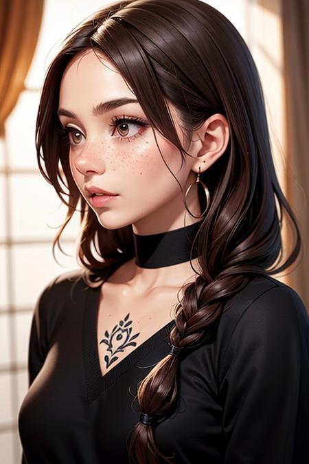 SFW,highest quality,woman,27 year old,backlighting,black choker,blurry background,blush,closed mouth,collarbone,earrings,forehead,freckles,hair over shoulder,jewelry,long hair,looking down,pointy nose,lips glossy,shadow,solo,thick eyebrows,thick eyelashes,upper body,red hair,braids,tattoos,tattoos on arms,black rose tattoos on neck,sun beams,warm light,cozy,((masterpiece)),