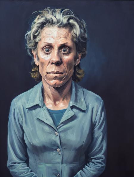 (a painting by mse) portrait of old mad woman Frances McDormand posing in a dark studio, (rim lighting,:1.4) two tone lighting, sharp focus, teal hue, dimly lit, low key, highly detailed, sharp focus, professional, 4k, max detail, highres, high detail, sharp focus, smooth, aesthetic, extremely detailed,  8k, uhd