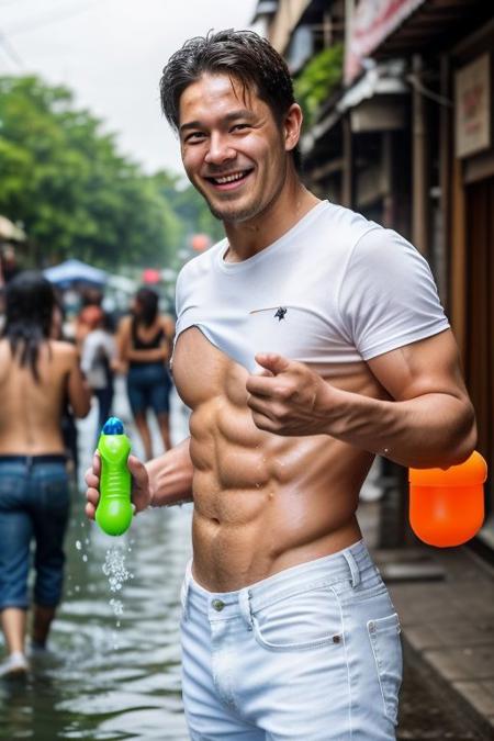1man, male,asian, White and bright skin Radiant and hydrated,((( hand holding water gun))), happy face,((shirt white)), (short jeans, bulge, )VPL, handsome,short hair,pubic hair,muscular,muscle chubby chest, wet, cinematic photo full body, 35mm photograph, film, professional, 4k, highly detailed,Thailand city street , daylight