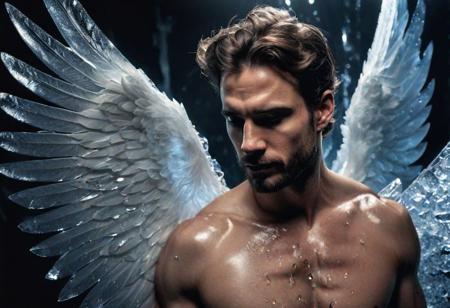 high quality, photo of 30 y.o european man, upper body, shirtless, wings of translucent ice on his back, serious face, detailed face, cinematic shot, dramatic lighting