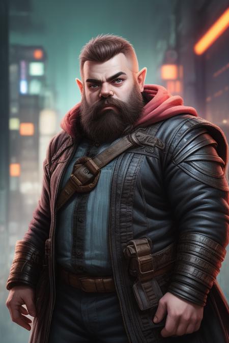 dwarf, man, close up, pointy ears, action pose, broad shoulders, broad waist, stocky, sci-fi complex clothes, cyberpunk, cyberpunk warehouse, rain, looking into the camera, hair flying, (anime), (illustration), cartoon, detailed,  <lora:Dwarf_Diffusion:0.9>