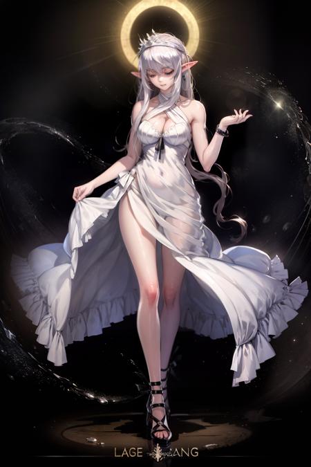 masterpiece, best quality, <lora:lq:1>,lqstyle01, 1girl, long hair, pointy ears, solo, breasts, very long hair, dress, white hair, high heels, full body, white dress, bird, large breasts, jewelry, laurel crown, hair ornament, crescent moon, standing, bangs, bracelet, bare shoulders, moon, crescent, sleeveless, elf, grey eyes, black background, looking at viewer, hair between eyes, sleeveless dress, walking, closed mouth, smile, black footwear, yellow eyes, animal, halterneck, hand up, floating hair, side slit, pale skin, thighs, copyright name, closed eyes, cleavage, ribbon, dark background, medium breasts, lens flare, artist name