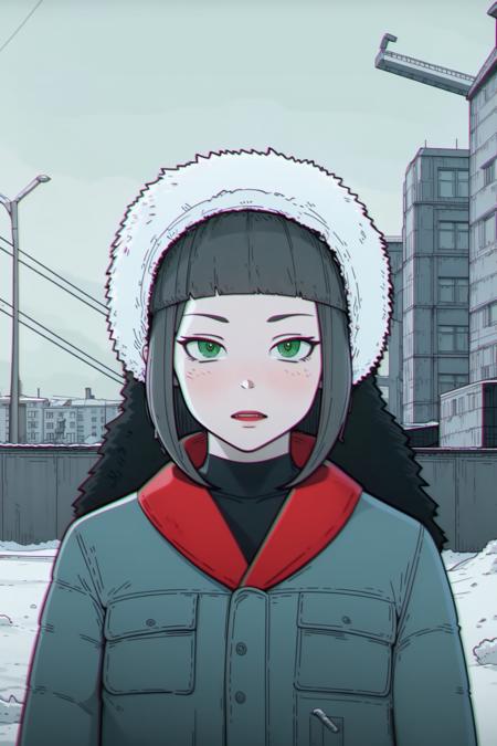 ls, chromatic aberration, 1girl, solo, upper body, detailed face and eyes, green eyes, soviet buildings on background, soviet buildings, winter, blizzard