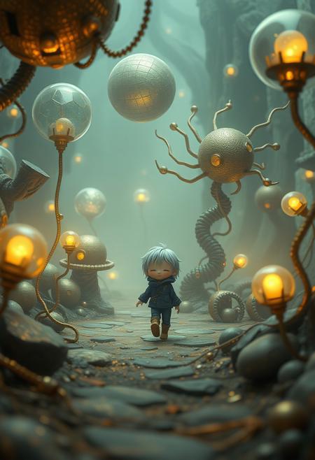 Adorable, charming figure walking through a mystic, enchanting environment. Surreal biomechanical structures, floating spheres, and glowing orbs in a dreamlike atmosphere. Gentle color contrasts, ethereal quality, gold, blue, bronze hues.