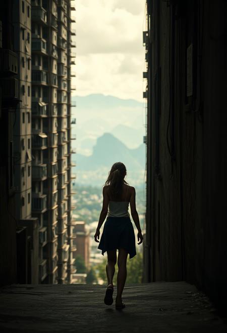 lone roguish female figure, walking away, narrow alleyway, towering concrete jungle, distant horizon of wild untamed mountains, mysterious landscape, candid, captured moment, (purposeful movement:1.2), cinematic, vast scenery, (detailed background:1.3), natural light, dramatic lighting, depth of field, (photorealism:1.4), 8k UHD, (blurry:-1.3), (lowres:-1.5), (ugly:-1.2), (mutated:-1.4), (worst quality:-1.4), (bad anatomy:-1.3), (cartoon:-1.1), (sketch:-1.1), (distorted proportions:-1.3), (extra limbs:-1.5), (cgi:-1.4)