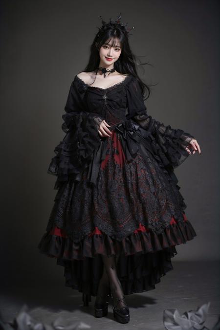 best quality, masterpiece, photorealistic, 1girl, solo, full body, standing, long black hair, straight hair, blunt bangs, looking at viewer, smile, lo dress, layered dress, frills, choker, long dress, long sleeves, wide sleeves, hair ornament, pantyhose, high heels, simple background, <lora:lo_dress_gothic_style2_v2:0.7>