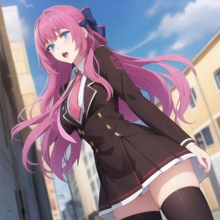 (masterpiece, best quality:1.2),illustration,8k,hd,city,1girl,solo,long_hair,open_mouth,blue_eyes,thighhighs,dress,school_uniform,pink_hair,purple_hair,hair_bow,necktie, <lora:Diana Diafil-V1:0.8>,