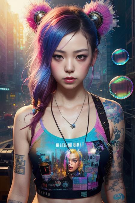 swpunk style synthwavedrunken beautiful JangWonYoung , shocked, (hallucinating colorful soap bubbles), by jeremy mann, by sandra chevrier, by dave mckean and richard avedon and maciej kuciara, punk rock, tank girl, high detailed, 8k<lora:JangWonYoung:1.0>