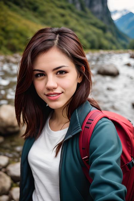 ((selfie)) photo of (d3laia:0.99), smiling, outdoors, mountains, wearing a backpack, sweater, and hiking jacket, rocks, river, wood, analog style (look at viewer:1.2) (skin texture), close up, cinematic light, sidelighting, Fujiflim XT3, DSLR, 50mm