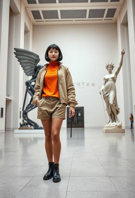 A 20-year-old Japanese female archaeologist with a black bob haircut, wearing an orange turtleneck T-shirt, a khaki long-sleeved jacket (zipped up), khaki shorts, khaki stockings, and black boots, stood in the center of the wide and tall white art museum hall.
On the left side of the picture is a high-tech mechanical statue in the shape of the goddess of victory Nike, and on the right side of the picture is another retro plaster statue also in the shape of the goddess of victory Nike.
FHD, Rich in details, masterpiece.