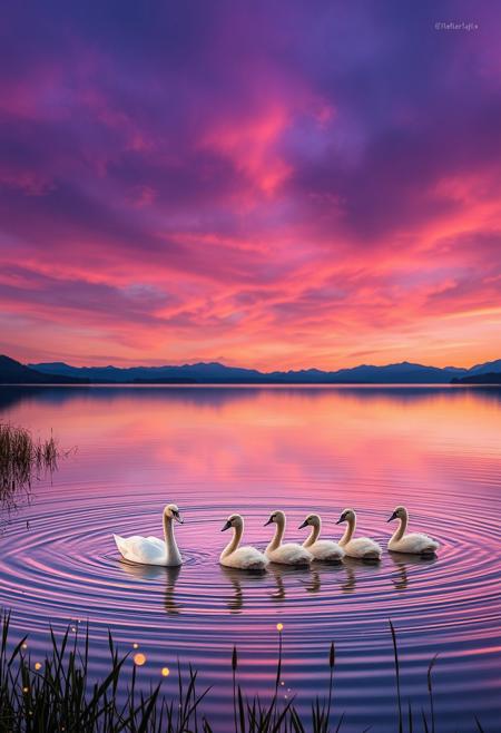 Against a twilight sky ablaze with purple and pink hues, a serene family reunion unfolds on the glassy lake surface. Four adult swans, flanked by their cygnets, glide effortlessly together, generating soft ripples. Fireflies flicker among the reed beds, while the distant mountains' silhouettes provide depth to this idyllic scene, bathed in warm, golden light.
