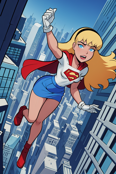 masterpiece, best quality, 1girl, supergirl, blonde hair, long hair, hairband, blue eyes, gloves, red cape, blue skirt, white shirt, blue sky, flying, city below <lora:Supergirl_DCAU:1>